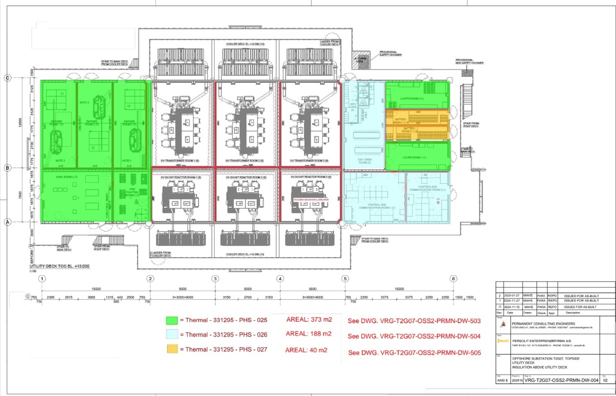 Tegning af offshore transformatorstation med ruminddeling og arealer